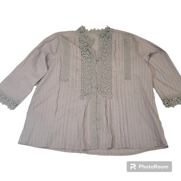 Light Green XL Lace Blouse Work Career Long Sleeve Crinkle Fabric - Picture 1 of 2